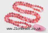 GMN4006 Hand-knotted 8mm, 10mm red banded agate 108 beads mala necklace with pendant