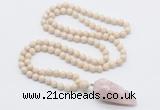 GMN4020 Hand-knotted 8mm, 10mm white fossil jasper 108 beads mala necklace with pendant