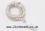 GMN4062 Hand-knotted 8mm, 10mm white crazy agate 108 beads mala necklace with pendant