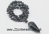 GMN4069 Hand-knotted 8mm, 10mm black banded agate 108 beads mala necklace with pendant