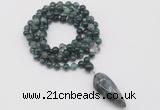 GMN4071 Hand-knotted 8mm, 10mm moss agate 108 beads mala necklace with pendant