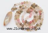 GMN4201 Hand-knotted 8mm, 10mm matte volcano cherry quartz 108 beads mala necklace with pendant