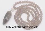 GMN4207 Hand-knotted 8mm, 10mm matte grey agate 108 beads mala necklace with pendant