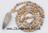 GMN4211 Hand-knotted 8mm, 10mm matte yellow crazy agate 108 beads mala necklace with pendant