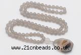 GMN4407 Hand-knotted 8mm, 10mm matte grey agate 108 beads mala necklace with pendant