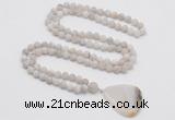 GMN4410 Hand-knotted 8mm, 10mm matte white crazy agate 108 beads mala necklace with pendant