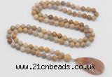 GMN4412 Hand-knotted 8mm, 10mm matte fossil coral 108 beads mala necklace with pendant