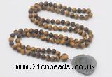 GMN4429 Hand-knotted 8mm, 10mm matte yellow tiger eye 108 beads mala necklace with pendant