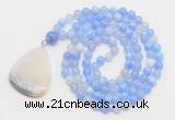 GMN4608 Hand-knotted 8mm, 10mm blue banded agate 108 beads mala necklace with pendant