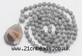 GMN4621 Hand-knotted 8mm, 10mm grey picture jasper 108 beads mala necklace with pendant