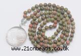 GMN4625 Hand-knotted 8mm, 10mm unakite 108 beads mala necklace with pendant