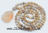 GMN4636 Hand-knotted 8mm, 10mm fossil coral 108 beads mala necklace with pendant