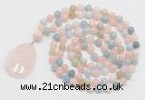 GMN4655 Hand-knotted 8mm, 10mm morganite 108 beads mala necklace with pendant