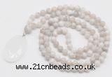 GMN4660 Hand-knotted 8mm, 10mm white crazy agate 108 beads mala necklace with pendant