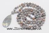 GMN4663 Hand-knotted 8mm, 10mm silver needle agate 108 beads mala necklace with pendant