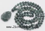 GMN4669 Hand-knotted 8mm, 10mm moss agate 108 beads mala necklace with pendant