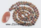 GMN4675 Hand-knotted 8mm, 10mm picasso jasper 108 beads mala necklace with pendant