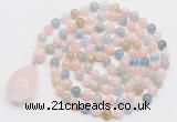 GMN4819 Hand-knotted 8mm, 10mm morganite 108 beads mala necklace with pendant