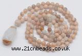 GMN4823 Hand-knotted 8mm, 10mm sunstone 108 beads mala necklace with pendant