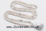 GMN4828 Hand-knotted 8mm, 10mm white crazy agate 108 beads mala necklace with pendant