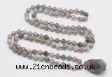 GMN4834 Hand-knotted 8mm, 10mm silver needle agate 108 beads mala necklace with pendant