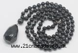 GMN4841 Hand-knotted 8mm, 10mm black banded agate 108 beads mala necklace with pendant