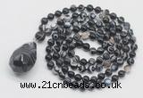 GMN4843 Hand-knotted 8mm, 10mm black banded agate 108 beads mala necklace with pendant