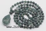 GMN4847 Hand-knotted 8mm, 10mm moss agate 108 beads mala necklace with pendant