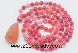 GMN4906 Hand-knotted 8mm, 10mm red banded agate 108 beads mala necklace with pendant