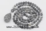GMN5021 Hand-knotted 8mm, 10mm matte black water jasper 108 beads mala necklace with pendant