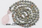 GMN5026 Hand-knotted 8mm, 10mm matte rhyolite 108 beads mala necklace with pendant