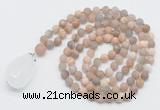 GMN5031 Hand-knotted 8mm, 10mm matte sunstone 108 beads mala necklace with pendant