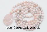 GMN5057 Hand-knotted 8mm, 10mm matte natural pink opal 108 beads mala necklace with pendant