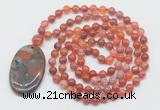 GMN5063 Hand-knotted 8mm, 10mm fire agate 108 beads mala necklace with pendant