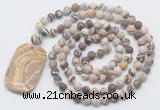 GMN5122 Hand-knotted 8mm, 10mm matte zebra jasper 108 beads mala necklace with pendant