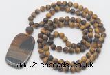 GMN5132 Hand-knotted 8mm, 10mm matte yellow tiger eye 108 beads mala necklace with pendant
