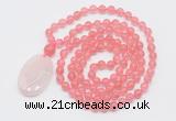 GMN5145 Hand-knotted 8mm, 10mm cherry quartz 108 beads mala necklace with pendant