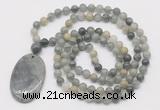 GMN5149 Hand-knotted 8mm, 10mm seaweed quartz 108 beads mala necklace with pendant