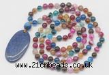 GMN5156 Hand-knotted 8mm, 10mm colorful banded agate 108 beads mala necklace with pendant