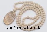 GMN5164 Hand-knotted 8mm, 10mm white fossil jasper 108 beads mala necklace with pendant