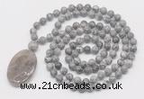 GMN5166 Hand-knotted 8mm, 10mm grey picture jasper 108 beads mala necklace with pendant