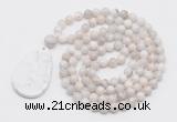 GMN5207 Hand-knotted 8mm, 10mm white crazy agate 108 beads mala necklace with pendant