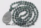 GMN5216 Hand-knotted 8mm, 10mm moss agate 108 beads mala necklace with pendant