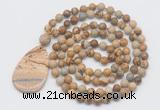 GMN5223 Hand-knotted 8mm, 10mm picture jasper 108 beads mala necklace with pendant