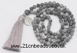 GMN5703 Hand-knotted 6mm matte black water jasper 108 beads mala necklaces with tassel & charm