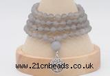 GMN5806 Hand-knotted 6mm matter grey agate 108 beads mala necklaces with charm