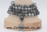 GMN5813 Hand-knotted 6mm matter black water jasper 108 beads mala necklaces with charm