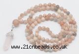 GMN5904 Hand-knotted 6mm matte sunstone 108 beads mala necklaces with pendant