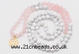 GMN6002 Knotted 8mm, 10mm rose quartz & white howlite 108 beads mala necklace with charm