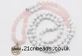 GMN6003 Knotted 8mm, 10mm rose quartz & white howlite 108 beads mala necklace with charm